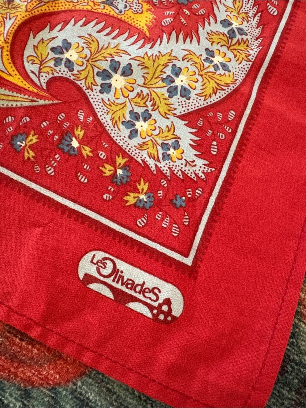 Beautiful Vintage Made in France Leather Olivades paisley cotton bandana